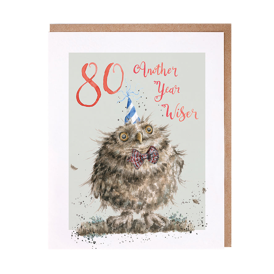 Wrendale Geburtstagskarte Zum 80. – Eulen-Design „Another Year Wiser“ Mit Persönlicher Note