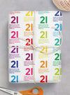 Funny wrapping paper, the number 21 is printed in a repeating pattern all over the paper in rainbow colours. Perfect for wrapping up their 21st birthday gift! Gift wrap for any occasion.