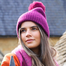  Women's Recycled Yarn Mini Cable Knit Beanie Hat, Berry