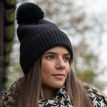  Women's Recycled Yarn Mini Cable Knit Beanie Hat, Black