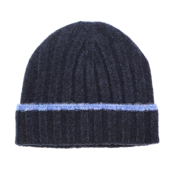 Men's Denim Blue Recycled Polyester Ribbed Knit Beanie Hat with Light Blue Trim