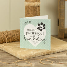  Birthday Card for Cat Mum Dad Parent with ' Have an Absolutely puurrfect birthday' text and paw print on a polka dot background, placed on a wooden surface with twine.