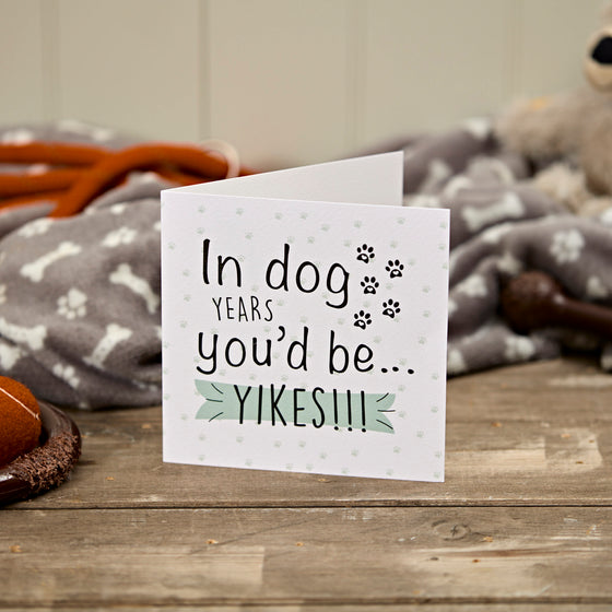 Funy Birthday Card with humorous text 'In dog years you'd be... YIKES!!!' rustic decor with dog blankets and toys