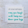 Funny Blank Birthday Card for Women; it features a plain white background and grey and teal text which reads "On your birthday... may you laugh until tears run down your legs."
