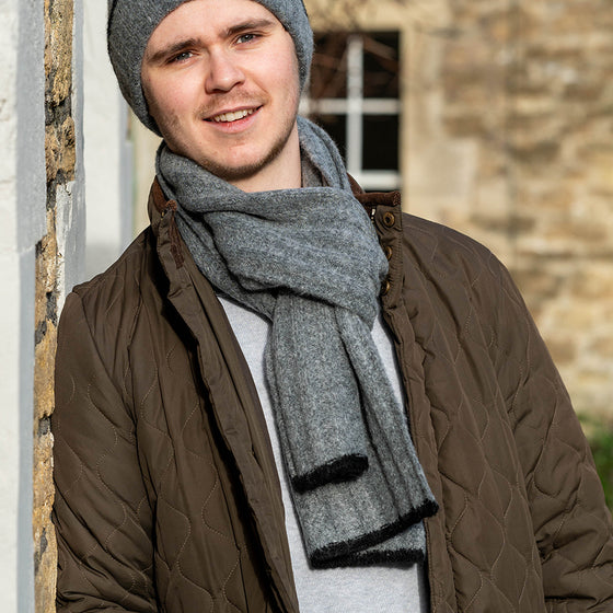 Men's Grey Recycled Polyester Ribbed Knit Scarf with Black Trim
