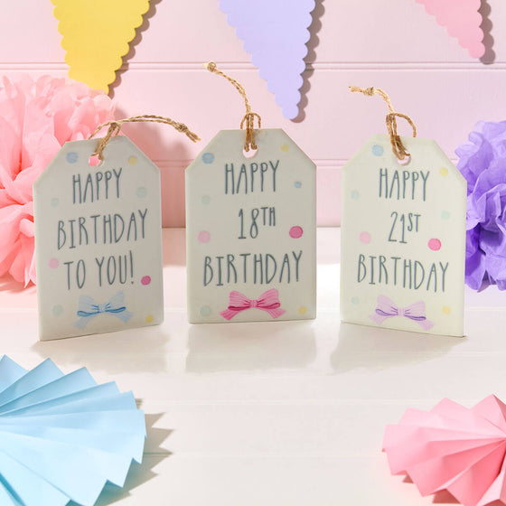 White with Pastel Spots Ceramic Gift Tag - Happy 18th Birthday