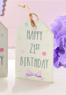  White with Pastel Spots Ceramic Gift Tag - Happy 21st Birthday