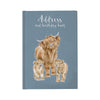 A rustic, navy address and birthday book featuring a large highland cow with 2 small, baby highland cows. Golden text at the top of the card reads "Address and birthday book" by Wrendale Designs.