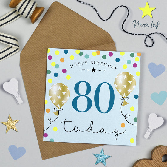 Blue Birthday Balloons, 80th Birthday Card for Men