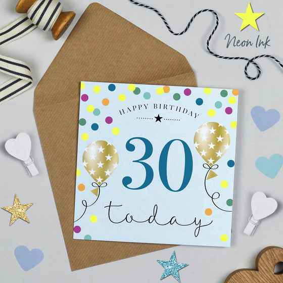 Blue Birthday Balloons, 30th Birthday Card for Men