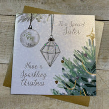  Elgant blank Christmas card with ornaments and text 'To a Special Sister, Have a Sparkling Christmas' 1