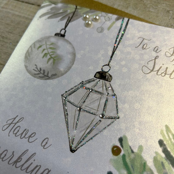 Elgant blank Christmas card with ornaments and text 'To a Special Sister, Have a Sparkling Christmas' 2