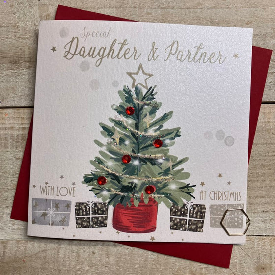 Elegant blank christmas card special daughter and partner christmas tree and gifts 