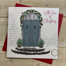  elegant cottage door christmas in the snow garlands and lights blank christmas card with love at Christmas
