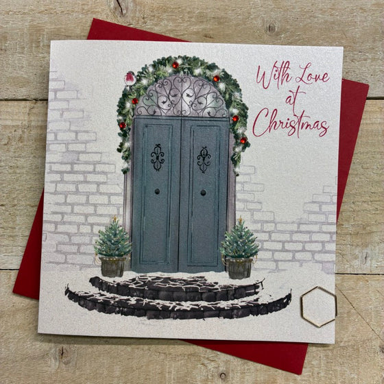 elegant cottage door christmas in the snow garlands and lights blank christmas card with love at Christmas