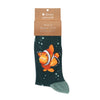 Clowning around, a warm pair of high quality, dark teal bamboo socks for men. Featuring a gorgeous artwork by Hannah Dale of a funny clownfish. A perfect gift for animal lovers. Wrendale Designs