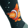 Clowning around, a warm pair of high quality, dark teal bamboo socks for men. Featuring a gorgeous artwork by Hannah Dale of a funny clownfish. A perfect gift for animal lovers. Wrendale Designs