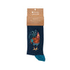 Colours of the rainbow, a warm pair of high quality, dark teal bamboo socks, for men. Designed by Hannah Dale, these socks feature a gorgeous artwork of a rooster, stitched on the soft fabric. A perfect gift for animal lovers. Wrendale Designs.