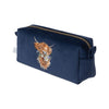 A brush bag with soft, velvet like fabric in the colour navy. This cosmetics bag features an embroidered highland cow 'Daisy Coo' designed by Hannah Dale. Wrendale Designs.