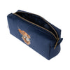 A brush bag with soft, velvet like fabric in the colour navy. This cosmetics bag features an embroidered highland cow 'Daisy Coo' designed by Hannah Dale. Wrendale Designs.