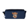 A brush bag with soft, velvet like fabric in the colour navy. This cosmetics bag features an embroidered highland cow 'Daisy Coo' designed by Hannah Dale. Wrendale Designs.