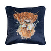 Daisy Coo, a beautifully embroidered cushion. Featuring a highland cow design on soft fabric that feels like velvet. Designed by Hannah Dale, this cushion is a perfect gift for animal lovers! Wrendale Designs.