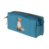 Calming dark teal brush bag. Featuring Hannah Dale's embroidered fox, stitched into the soft, velvet like fabric. Wrendale Designs, gifts for women.
