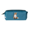Calming dark teal brush bag. Featuring Hannah Dale's embroidered fox, stitched into the soft, velvet like fabric. Wrendale Designs, gifts for women.
