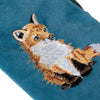 Soft fabric glasses pouch, featuring a small embroiderd red fox stitched into the dark teal fabric, by Hannah Dale. Wrendale Designs.