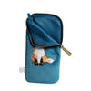 Soft fabric glasses pouch, featuring a small embroiderd red fox stitched into the dark teal fabric, by Hannah Dale. Wrendale Designs.