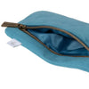 Soft fabric glasses pouch, featuring a small embroiderd red fox stitched into the dark teal fabric, by Hannah Dale. With 'Wrendale Designs' engraved into the metal zip.