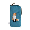 Soft fabric glasses pouch, featuring a small embroiderd red fox stitched into the dark teal fabric, by Hannah Dale. Wrendale Designs.