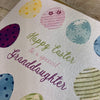 Blank Easter Card for young granddaughter; this card features beautiful pink, blue, green, and yellow easter eggs and the text reads "Happy Easter to a special Granddaughter" 1