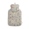 100% Natural rubber hot water bottle with cover. The cover features an assortment of birds, bunnys, bees, mushrooms, vedgetables and flowers, all things you commonly find in your garden. Designed by Hannah Dale, Wrendale Designs.