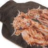 100% natural rubber hot water bottle, with cover. The brown cover features two adorable highland cow watercolour artworks printed onto the fabric, illustrated by Hannah Dale. Wrendale Designs.