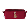 A brush bag with soft, velvet like fabric in the colour burgandy. Featuring Hannah Dales 'Golden Hour' brown hare, embroidered into the fabric. Wrendale Designs.