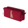 A brush bag with soft, velvet like fabric in the colour burgandy. Featuring Hannah Dales 'Golden Hour' brown hare, embroidered into the fabric. Wrendale Designs.