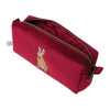 A brush bag with soft, velvet like fabric in the colour burgandy. Featuring Hannah Dales 'Golden Hour' brown hare, embroidered into the fabric. Wrendale Designs.