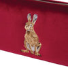 A brush bag with soft, velvet like fabric in the colour burgandy. Featuring Hannah Dales 'Golden Hour' brown hare, embroidered into the fabric. Wrendale Designs.