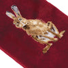Fabric glasses pouch, featuring an embroidered brown hare stitched into the red fabric. 'Golden Hour' by Hannah Dale. Wrendale Designs.