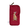 Fabric glasses pouch, featuring an embroidered brown hare stitched into the red fabric. 'Golden Hour' by Hannah Dale. Wrendale Designs.