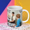 Funny woman's mug; featuring a man inpecting a womans computer, asking her 'have you tried turning it off and on again?'; the woman replies 'have you tried shoving it up your arse?'; by Dean Morris