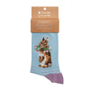 Head clover heels, high quality bamboo socks for women. On a baby blue butterfly backround features a beautiful illustration of a rabbit holding flowers by Hannah Dale. A perfect gift for animal lovers. Sock size 4 to 7. Wrendale Designs.