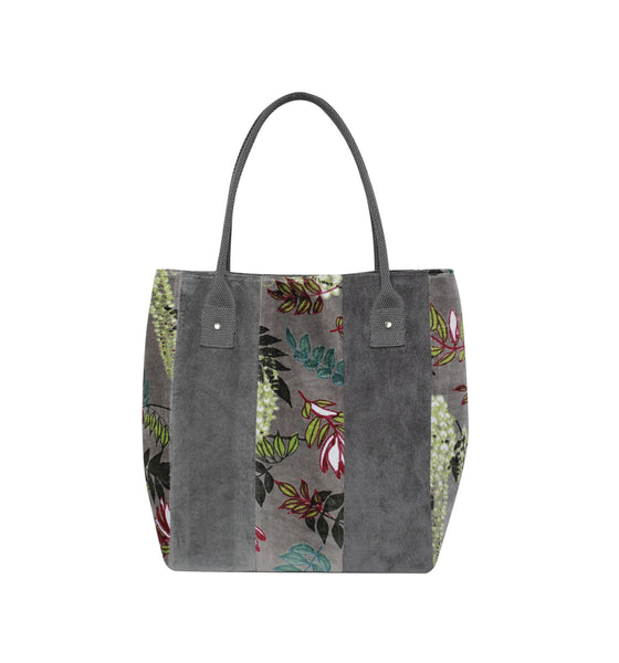 Grey Velvet Slouch Tote Bag w/ Botannical Print by Earth Squared