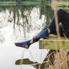 A dark teal pair of high quality, men's bamboo socks. Featuring a beautiful illustration by Hannah Dale of a kingfisher bird. Warm and cozy, a perfect gift for animal lovers. Wrendale Designs.