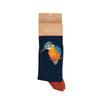 A dark teal pair of high quality, men's bamboo socks. Featuring a beautiful illustration by Hannah Dale of a kingfisher bird. Warm and cozy, a perfect gift for animal lovers. Wrendale Designs.