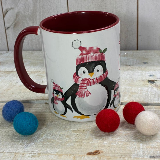 Santa Penguins Christmas Mug Ceramic Red and White Hot Chocolate 1