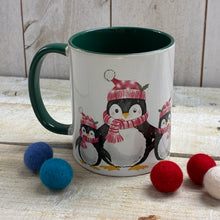  Ceramic green white mug penguin family red white hats scarves