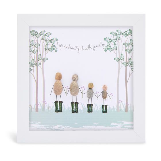 This white shadowbox framed pebble art print features a lovely woodland with a family of 4 walking together in their wellies.&nbsp;It reads Life is beautiful with family.