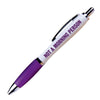 Funny purple and white pen; ballpoint; silver accents; text on the side of the pen reads 'Not a morning person'; cheeky gifts 2